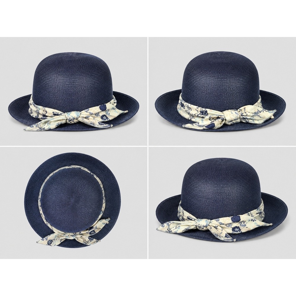 Street Smart by Betmar Navy Blue Woven Cloche Sun Hat Floral Scarf Accent